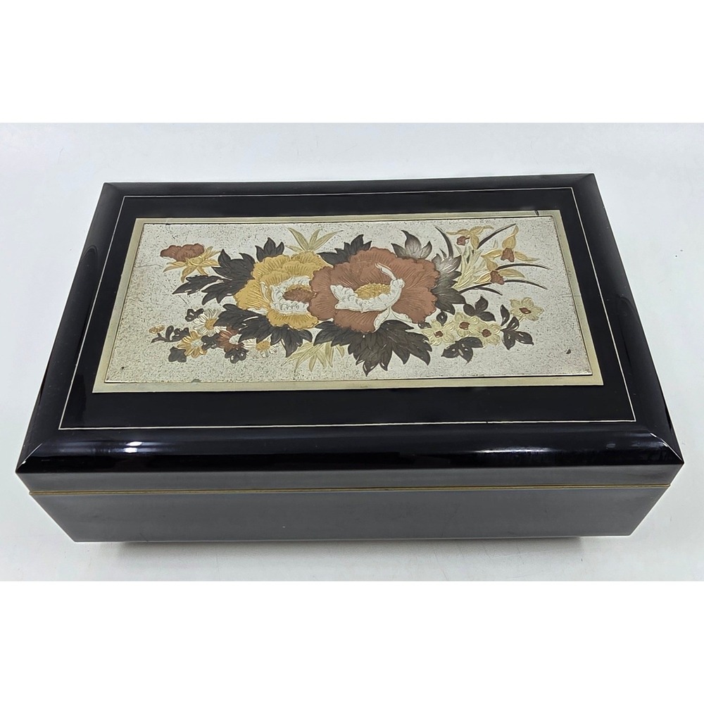 Vintage Japanese Black Lacquer Musical Jewelry Box Floral Inlay Red Velvet